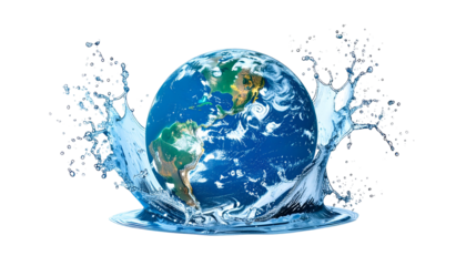 Planet Earth engulfed in water with large splashing waves on a black background