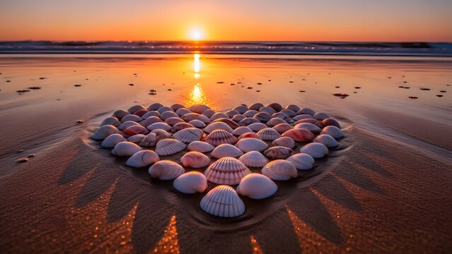 Heart shaped pebbles on a serene beach at sunset - Powered by Adobe