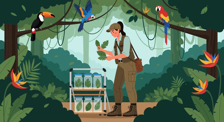 Botanist Examining Leaves in Lush Jungle with Colorful Birds.