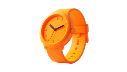 3D rendered orange wristwatch with dark hands and a black background