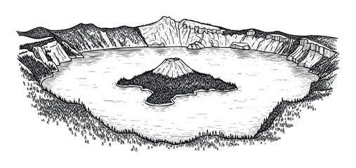 Dramatic volcanic lake landscape with a cone shaped island surrounded by rugged mountains in a classic woodcut style perfect for outdoor adventure and nature themed publishing projects