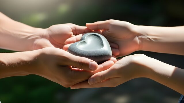 Four hands holding a heart shaped stone together in a symbol of love - Powered by Adobe