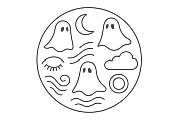 Obraz premium Ghostly Sleep Icons. Line style vector icons of Ghosts of Sleep: floating silhouettes, drifting moons, curved waves, fading eyes,