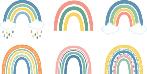Boho rainbow collection featuring flat vector designs of pastel rainbows with clouds raindrops and ethnic patterns for nursery decor and children design.