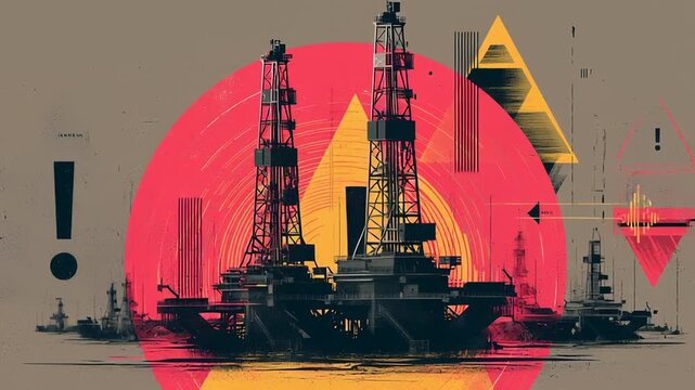 Energy conflict over oil resources, abstract clash of oil rigs and warning signals, muted colors with sharp contrasts, modern geopolitical illustration