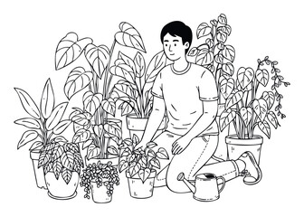 Asian man caring for numerous potted plants, nurturing his home garden with a watering can, suitable for hobby and gardening blog content