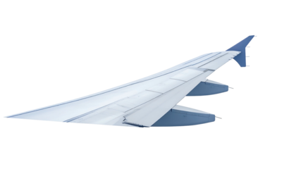Aircraft wing in flight, angled towards upper-left, set against a transparent background
