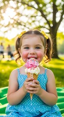 Joyful Girl Enjoying Ice Cream in the Park on a Sunny Day.