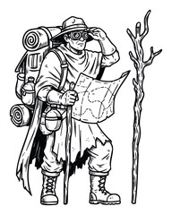 Fototapeta premium Determined explorer in vintage gear with a backpack and map actively scanning the horizon for navigation, ideal for outdoor adventure promotions and travelthemed content.