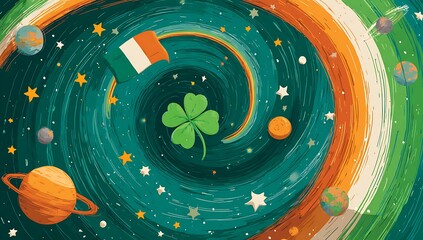 A colorful spiral galaxy with planets a flag and a four leaf clover