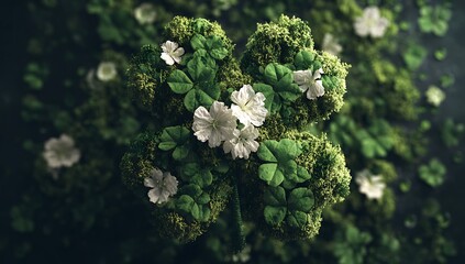 Abstract floral arrangement of white blossoms and lush green foliage