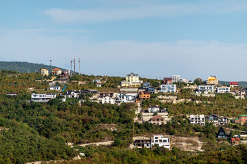 August 12 2025 Top view from Mount Koldun overlooking the sea and coastline toward the resort village of Myskhako near Novorossiysk Russia on the Black Sea coast. Coastal landscape and shoreline