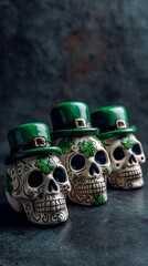 Festive skulls wearing green hats and adorned with shamrocks for st patrick s day