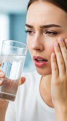 Young Woman Holding Water Glass while Experiencing Pain or Toothache