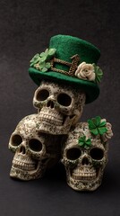 A stack of skulls adorned with a green hat and shamrocks for st patrick s