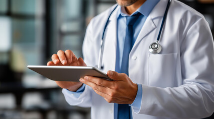 Doctor in office with tablet for research, email communication interface, medical article reading, health data magazine web access, healthcare technology work, professional medical