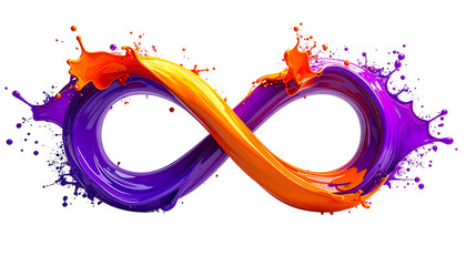 Colorful, fluid infinity symbol formed from orange and purple paint splashes against black