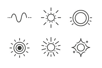 Solar Frequency Icons. Line style round vector icons of Solar Frequency: radiant wave, glowing sun, energy ring, pulsing light,