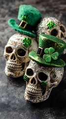 St patrick s day themed skulls with green hats and shamrocks on a dark surface