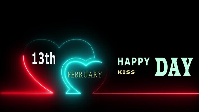 13 February Happy Kiss Day neon sign animation with glowing heart icons on dark background for romantic Valentine celebration.