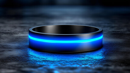 Glowing blue neon ring hovering over dark textured surface, futuristic technology aesthetic, sci-fi design background, tech poster visualization, virtual interface concept, modern digital