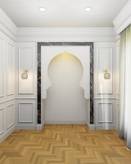 Elegant islamic interior modern classic, empty white panelling wall background, muslim prayer room.	Mosque arches. Mock up. 3D rendering