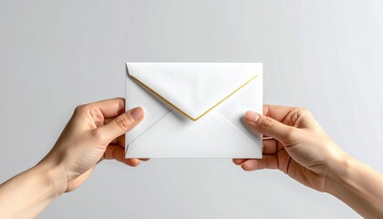 Fototapeta premium Two Hands Holding White Envelope With Gold Trim Against A Light Gray Background In Studio Lighting