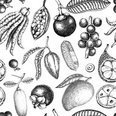 Exotic fruit seamless pattern. Superfruits hand drawn vector illustrations for food branding. Tropical plants background. NOT AI generated