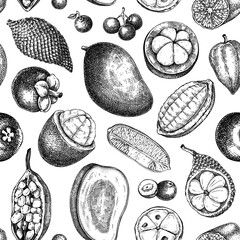 Exotic fruit seamless pattern. Superfruits hand drawn vector illustrations for food branding. Tropical plants background. NOT AI generated