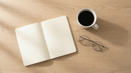 Minimal lifestyle flat lay of notebook, coffee cup, eyeglasses on wooden table, clean composition, natural light shadows