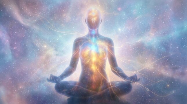 Spiritual Human Meditation with Energy Chakras in Cosmic Universe, Spiritual Meditation Concept and Spiritual Awakening Energy