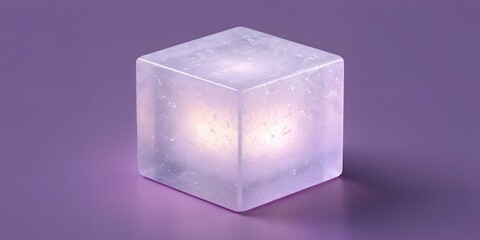 Glowing translucent crystal cube resting on smooth purple surface with inner light illuminating frozen glass texture and edges