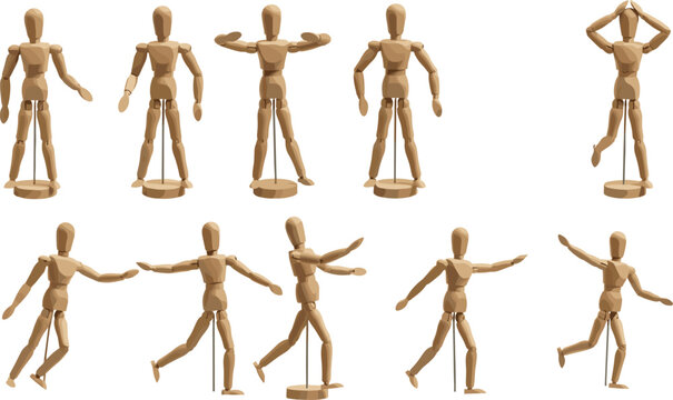 Wooden artist mannequin collection featuring flat vector designs of jointed human figures in various athletic poses including running jumping and standing for.