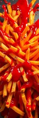 A kaleidoscopic burst of golden fries and crimson ketchup splashes, a dynamic edible canvas,  saturated,  straight on