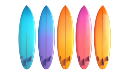 Five vibrant surfboards, varying in color, arranged in a horizontal row on a black backdrop