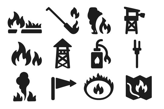 Controlled Burn Icons. Solid style icons of Controlled burn management: backfire line, ignition tool, firebreak, monitoring post,