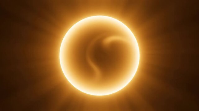 Abstract glowing sun sphere with radiating light rays in dark space. Cinematic 3D animation of an orange energy ball pulsing with plasma swirls. Solar star concept