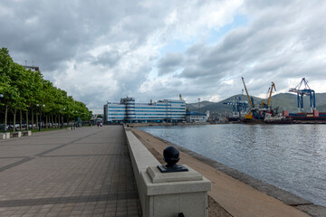 August 22 2025 Building of Novorossiysk Commercial Sea Port in Novorossiysk Russia on the Black Sea coast. Administrative port building and maritime infrastructure