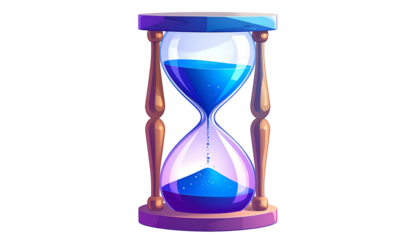 Hourglass with blue sand flowing, ornate wooden frame on black background