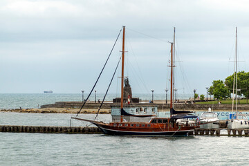 July 28, 2025: Yacht parking along the waterfront in Novorossiysk, Russia, with moored yachts near the coastline, reflecting maritime life and the Black Sea harbor atmosphere