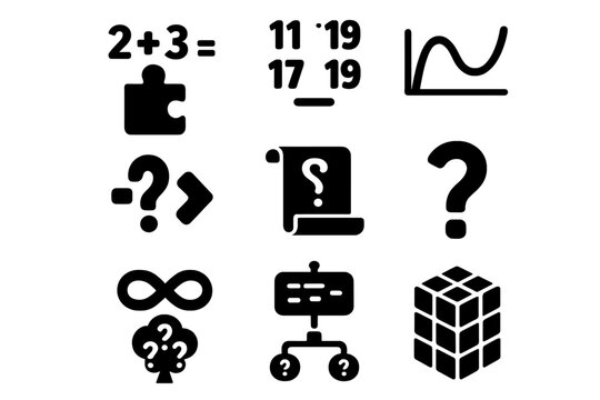 Famous Math Problems Icons. Solid style icons of famous problems: Goldbach conjecture, twin prime hypothesis, Riemann zeta curve,