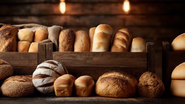 Assorted artisan bread loaves in a wooden crate on rustic background, showcasing freshly baked organic bakery products, natural textures, wholesome ingredients, and rustic food display