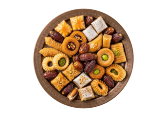 assorted cookies platter on round brown plate with colorful pastries