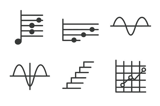 Music Theory Icons. Line style icons of Musical Harmonic Theory: overtone series, harmonic interval icon, vibrating string