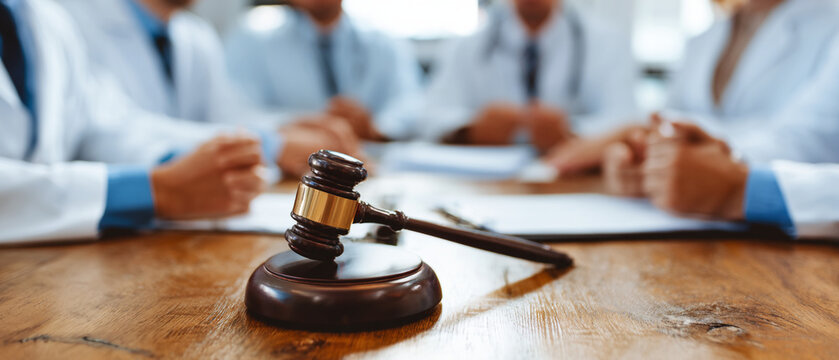 Gavel on a wooden table with blurred doctors in white coats representing medical malpractice and law