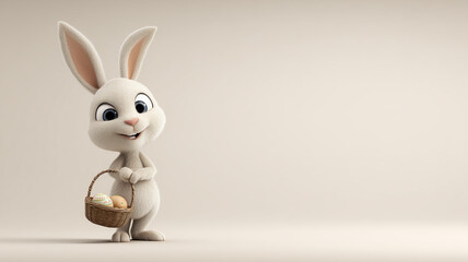 Obraz premium A cute 3D-rendered white Easter bunny holding a wicker basket filled with colorful eggs. This charming character is ideal for spring holiday decorations and minimalist seasonal greetings.