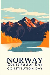 Norway Constitution Day celebration with mountains and lake scenery  