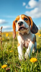 Mischievous beagle puppy explores a sunny meadow, ears flapping ,  small dog,  dog