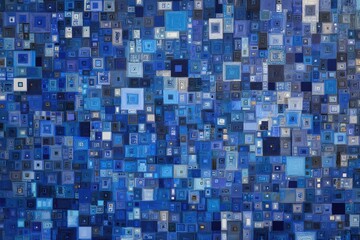 Abstract artwork featuring a pattern of nested squares in various shades of blue