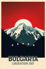 Bulgaria Liberation Day poster with mountains and sun backdrop  